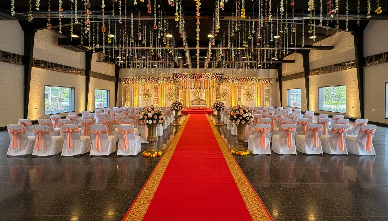 AI visualisation of the same hall in peach and ivory: hanging floral strands, a gold and ivory stage backdrop, white chairs with peach sashes either side of a red aisle.