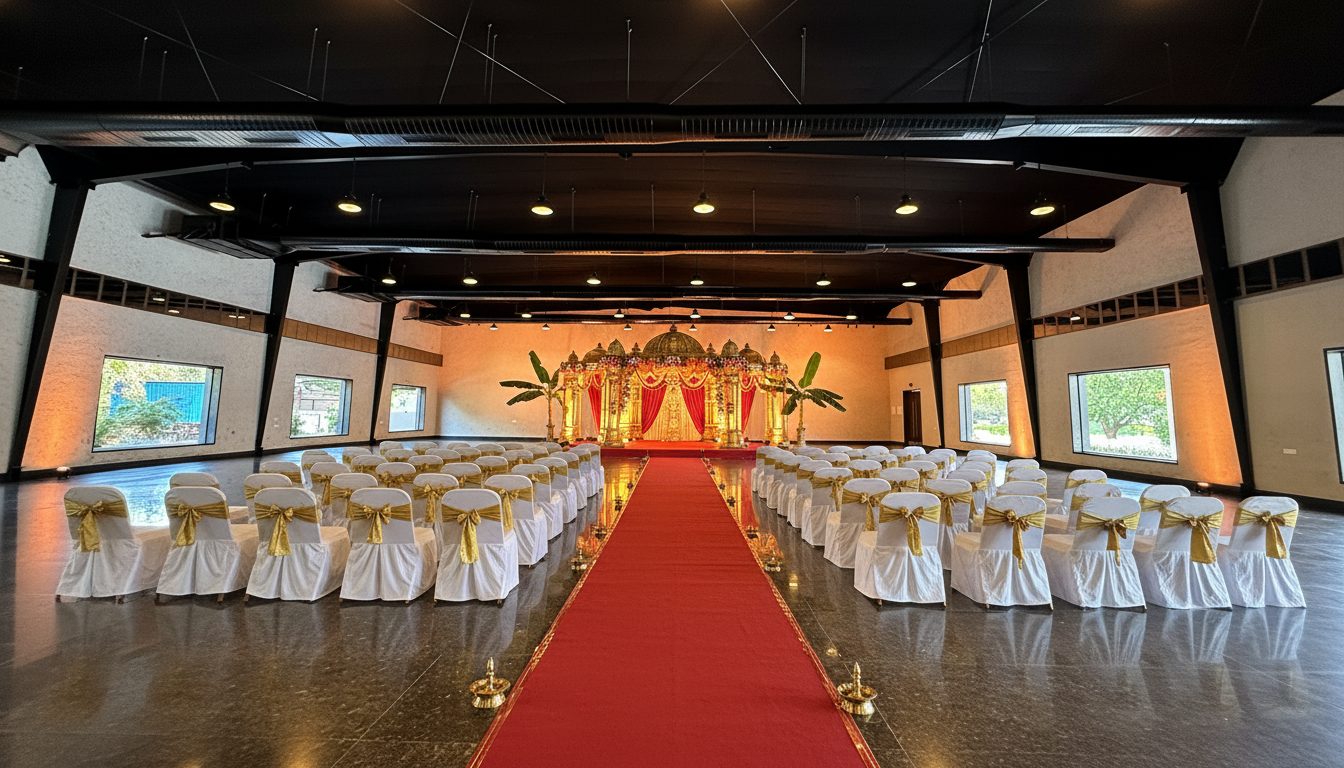 AI visualisation of the same hall in traditional red and gold: a gilded mandapam with red drapes, banana stems, brass lamps down a red aisle and white chairs with gold sashes.