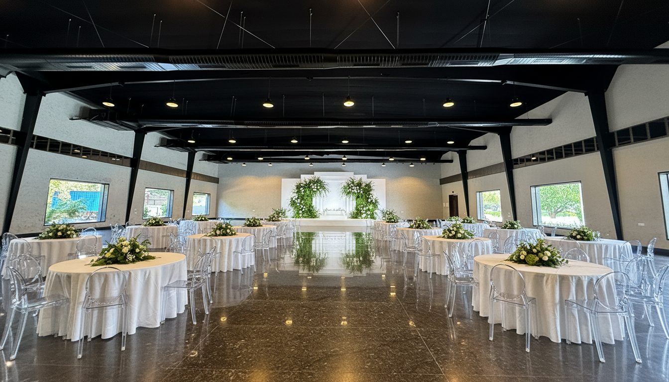 AI visualisation of the same hall in modern white and green: round tables in white linen, clear chairs, foliage arrangements and a white stage flanked by greenery.